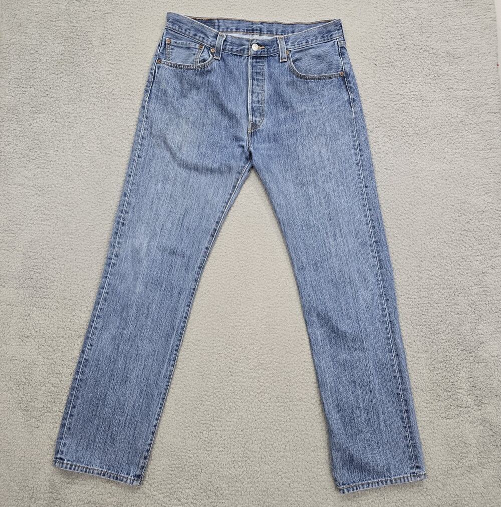 Levis 501 Jeans Mens 34x33 Fit Blue Denim Straight Leg Button Fly Distressed